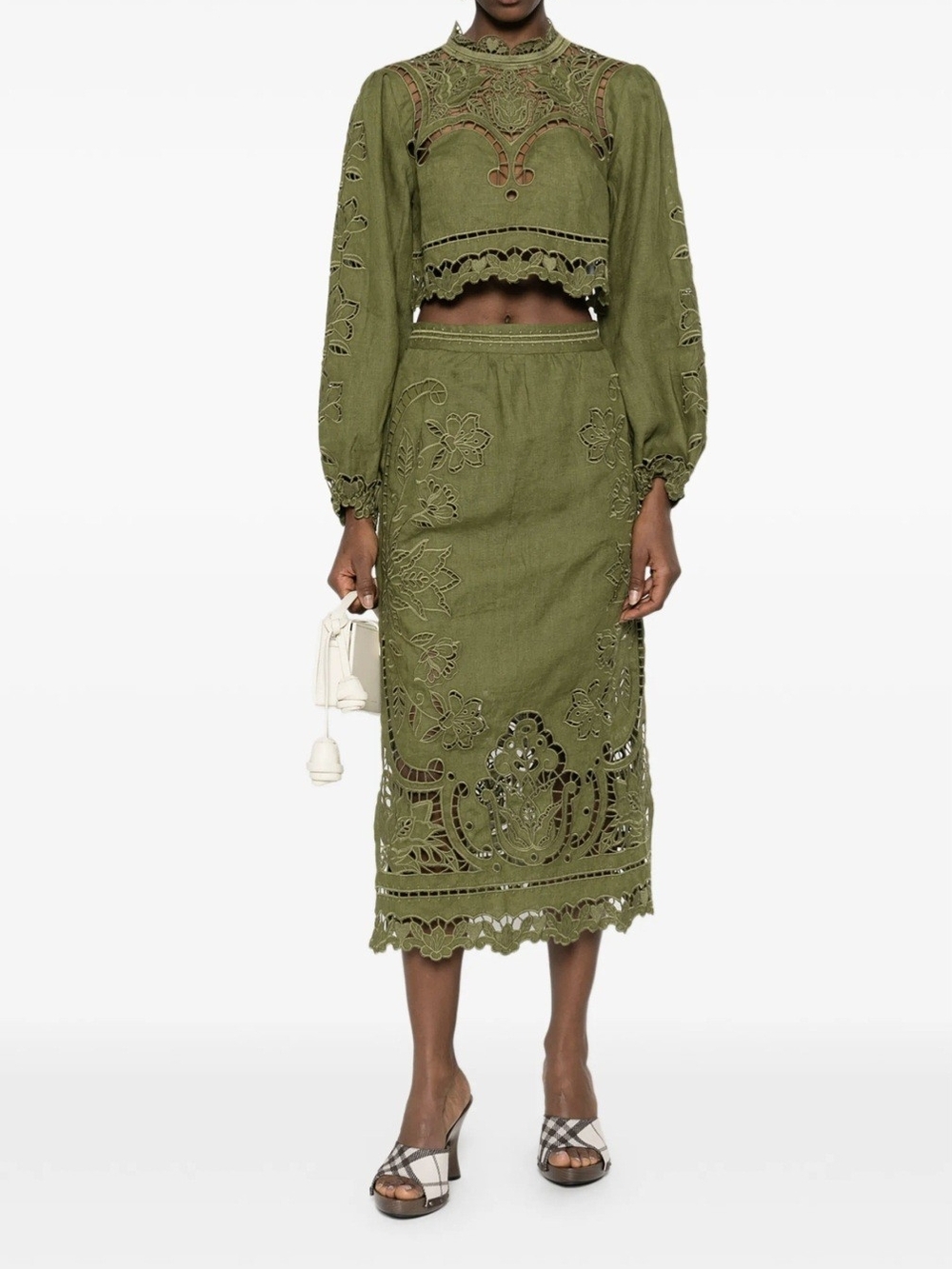 FARM Rio Green Majestic Garden Embroidered Eyelet Linen Midi Skirt